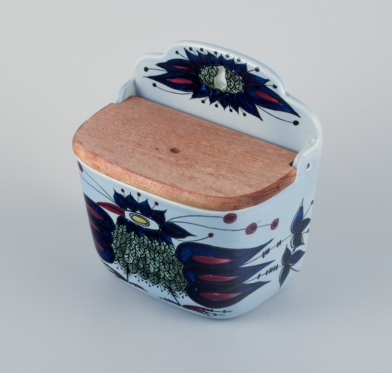 Beth Breyen, Tenera, Aluminia, large earthenware salt container. Hand painted with bird. Wall hung.