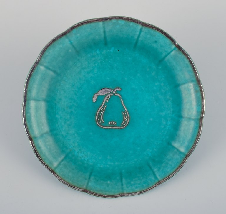 Wilhelm Kåge for Gustavsberg, "Argenta" dish in ceramic.Green glaze decorated with pear in silver.