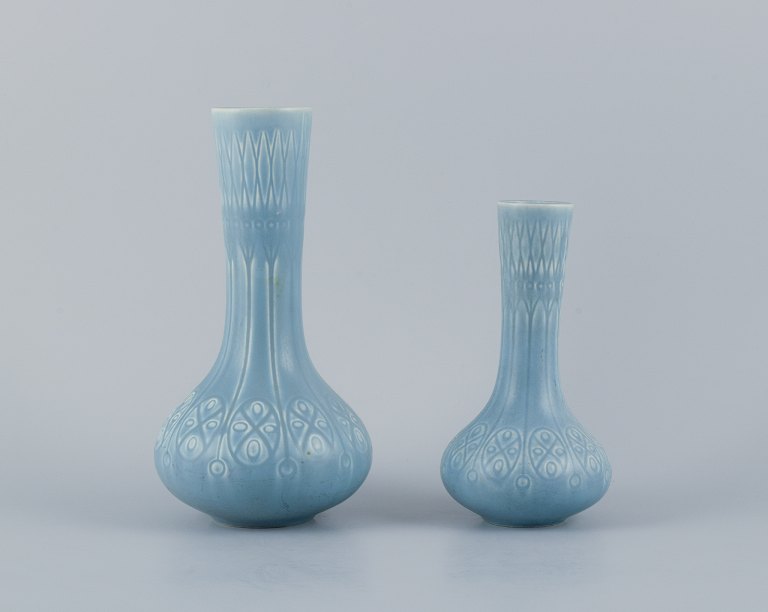 Upsala-Ekeby/Gefle, Sweden. Two "Kairo" (Cairo) ceramic vases in light blue glaze.