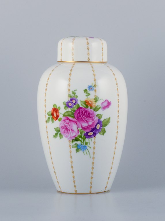 Rosenthal, Germany, large porcelain lidded jar hand-painted with flower bouquets.