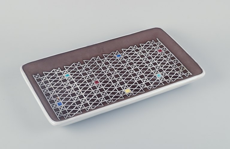 Ingrid Atterberg for Upsala-Ekeby, large rectangular "Corso" ceramic bowl designed with geometric pattern.