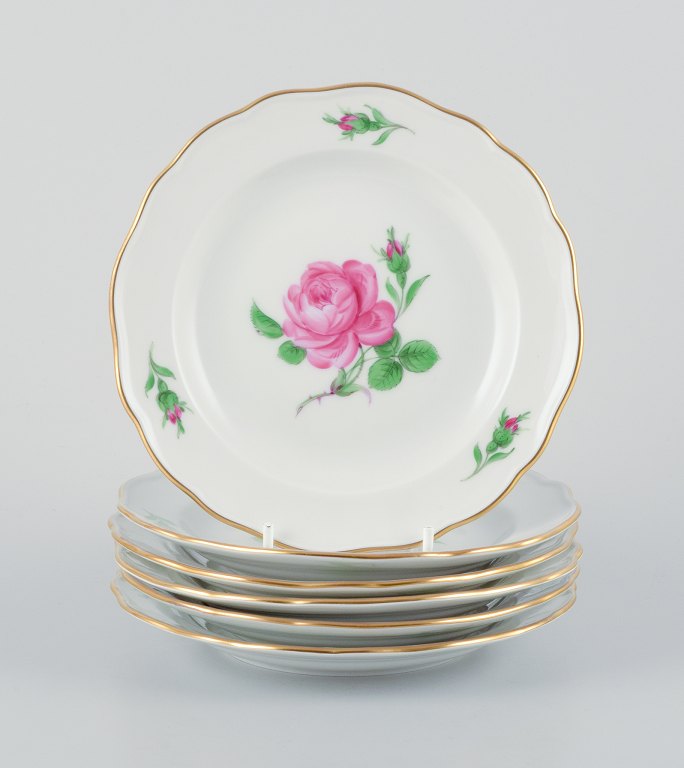 Meissen, et sæt på seks ”Pink Rose” porcelænstallerkner håndmalet med lyserøde roser.