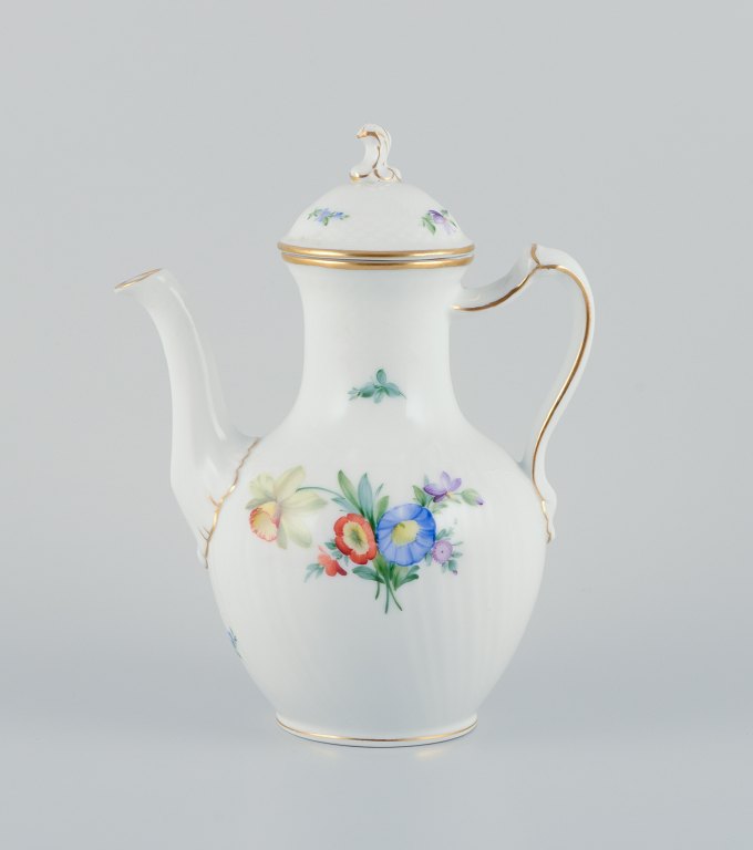 Royal Copenhagen, Saxon Flower, a coffee pot hand-decorated with polychrome flowers and gold.