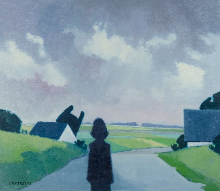 K. Westerberg, also known as Knud Horup, listed Danish artist, oil on canvas. Modernist style. Landscape with figure on road.