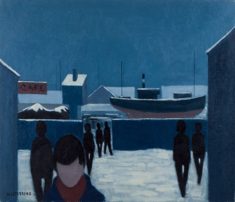 K. Westerberg, also known as Knud Horup, listed Danish artist, oil on canvas. Modernist style. Harbor scene with people.