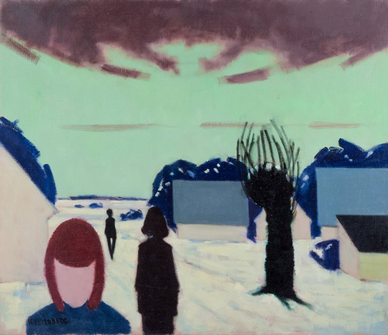 K. Westerberg alias Knud Horup, dansk kunstner, olie på lærred. Modernistisk stil. Landskab med personer.