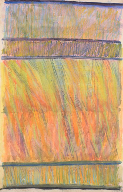 Monique Beucher (1934), French artist.Gouache on paper mounted on canvas.Abstract composition. Colorful palette.