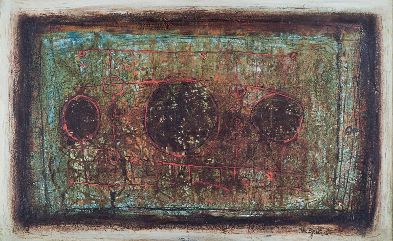 Eke Bjerén (1943-1999), listed Swedish artist, oil on board. Abstract composition.