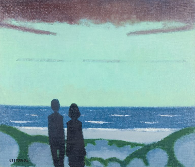 K. Westerberg, also known as Knud Horup, Danish artist, oil on canvas. Modernist style. Landscape with figures.