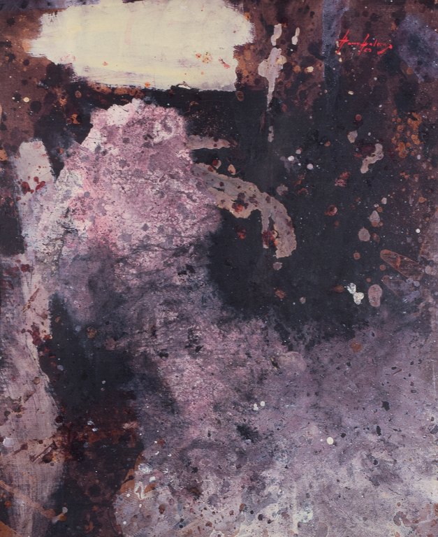 Harry Holma, svensk kunstner, mixed media på plade. Abstrakt psykedelisk komposition.