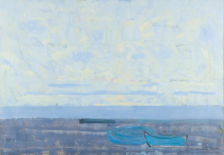 Peer Lorentz Dahl (1915-2005), norsk kunstner, olie på lærred.
Modernistisk strandparti med joller.