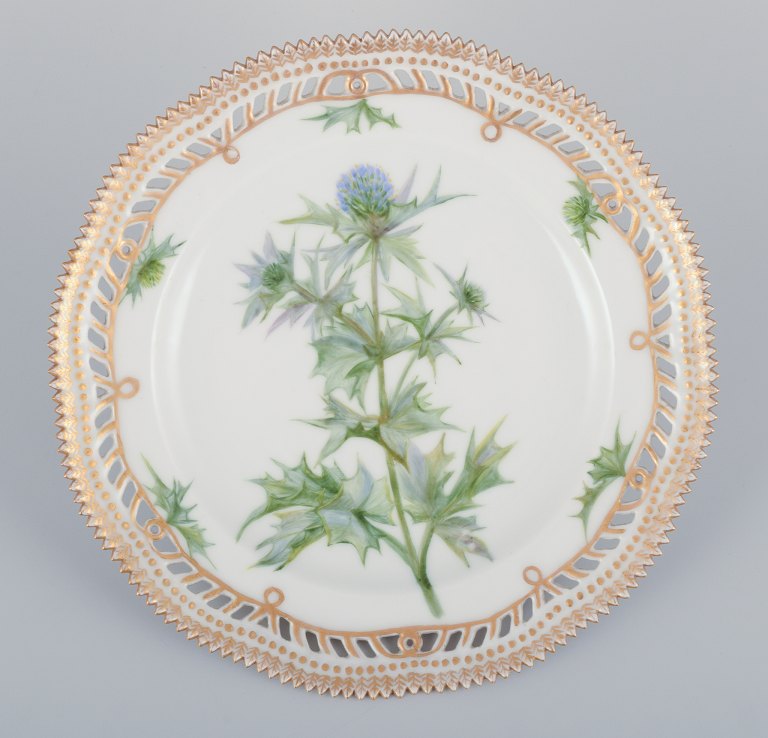 Royal Copenhagen Flora Danica, open lace lunch plate. Latin text. Decorated outside the factory.