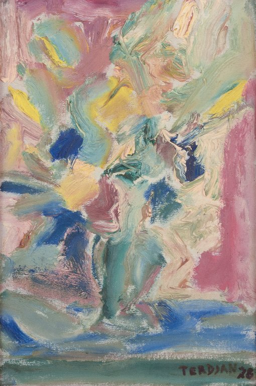 Joseph terdjan. 1925-2001, Lebanese artist, lived in Paris from the 1960s.Exhibitions in Paris and Beirut.Oil on canvas. Still life with flower in a vase in abstract style. Bold brushstrokes. Colorful palette.