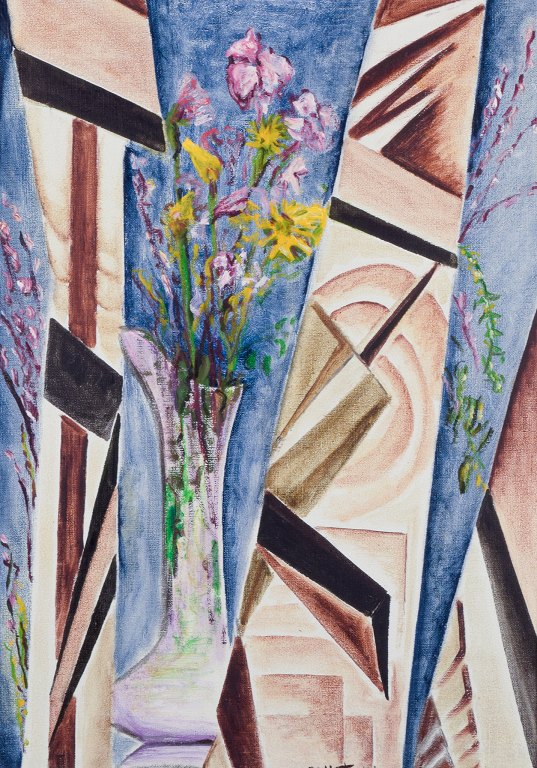 Ridl Telaki, unknown artist, oil on canvas.Abstract still life with flowers in a vase.