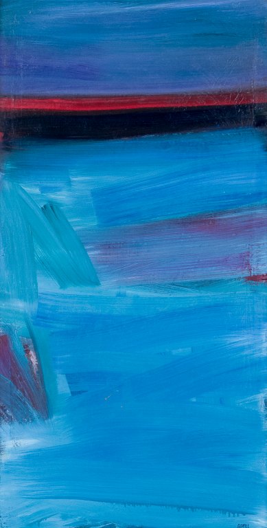 Lars Bertle, født 1925 i Helsingborg, svensk kunstner. Olie på lærred. ”Norska Kusten”. Modernistisk landskab. Koloristisk palette.