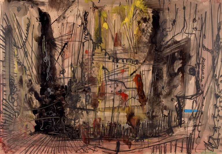 Hans Walter Sundberg (1922-2004), svensk kunstner. Olie på plade. Mixed media. Abstrakt komposition.