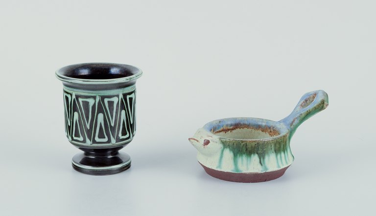 Kähler, Denmark. Small vase and small bowl with a handle shaped like a bird. Handmade ceramic. Vase with a geometric pattern.Glaze in blue and green tones.