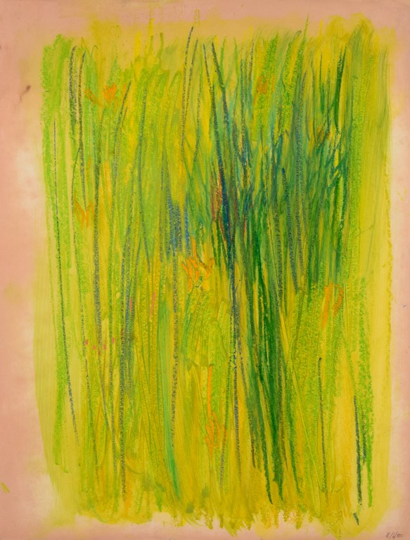 Monique Beucher (1934), fransk kunstner. Mixed media på papir.Abstrakt komposition. Koloristisk palette.