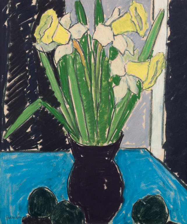 Svän Grandin (1906-1982), Swedish artist.Mixed media on paper. Floral arrangement in a modernist style.