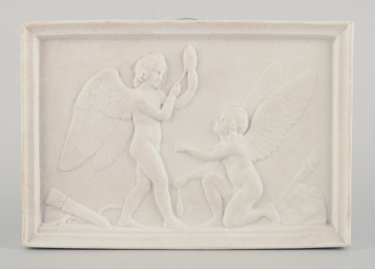 Bertel Thorvaldsen for Royal Copenhagen.  Amor and Hymen spins the thread of life. Biscuit relief.