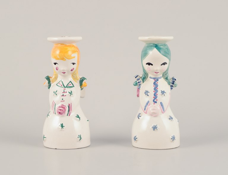 Nymølle, Denmark.Two faience angel candleholders. Hand-decorated.