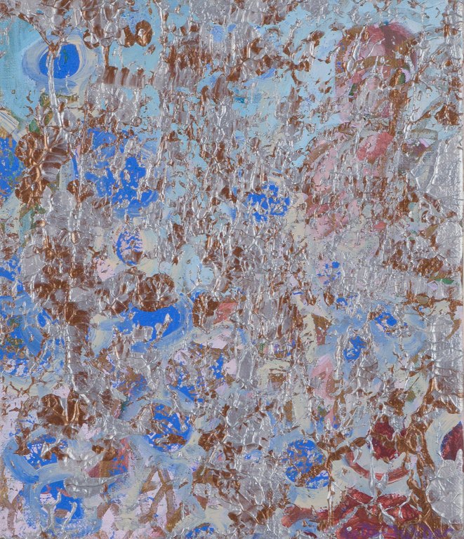 Lotte Kjøller, dansk kunstner. Mixed media på lærred. Abstrakt komposition.