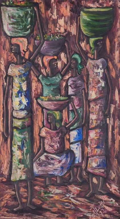 A. J. Luis, Haiti.Oil on canvas. Five women in a landscape.Abstract style.