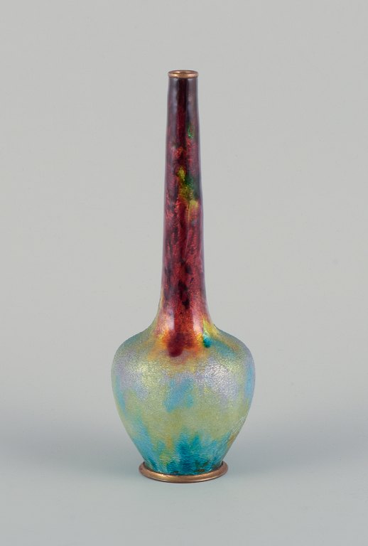 Fauré et Marty for Limoges, France.Large enamelwork vase with a narrow neck and polychrome enamel decoration.