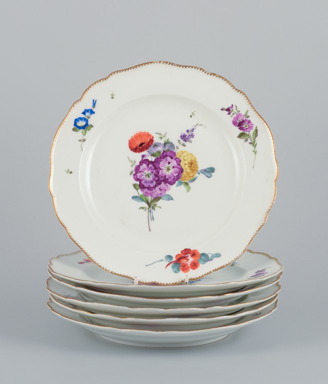 Meissen, Germany. A set of six antique porcelain dinner plates. Hand-painted with polychrome floral motifs.