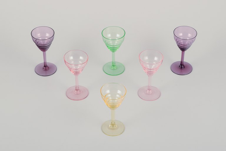 Pukeberg, Sweden. A set of six liqueur glasses. Colored art glass.Handmade.