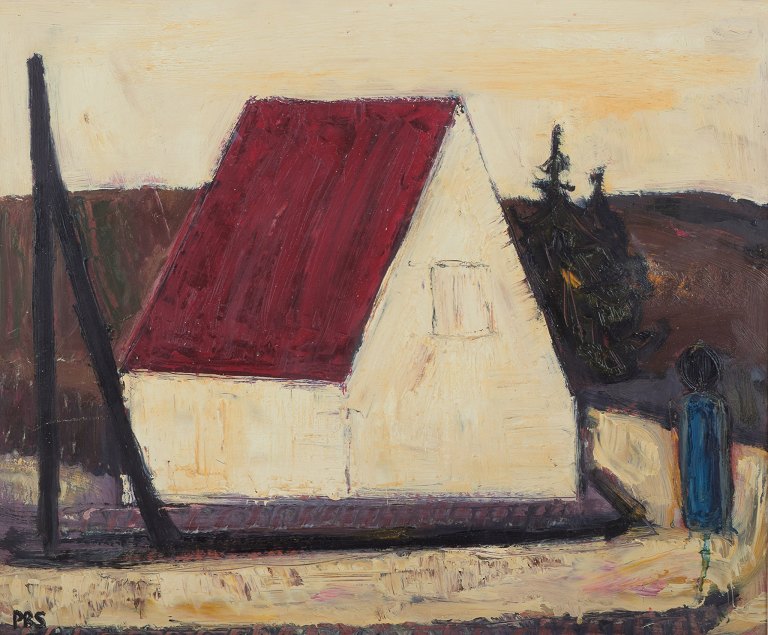 Peder Brøndum Sørensen (1931-2003), Danish painter, oil on board.Modernist motif with figure by a house.