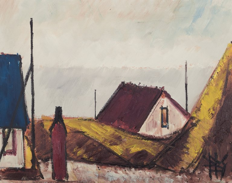 Peder Brøndum Sørensen (1931-2003), Danish painter, oil on canvas."Figure by Houses and Sea".