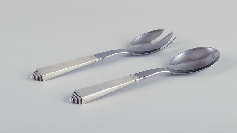 Georg Jensen Pyramid.Salad set in sterling silver and stainless steel.