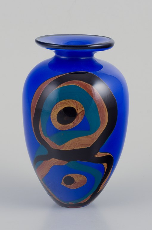 Ioan Nemtoi (Romanian, b. 1964) art glass. Handmade art glass vase. Blue, brown, and black shades.