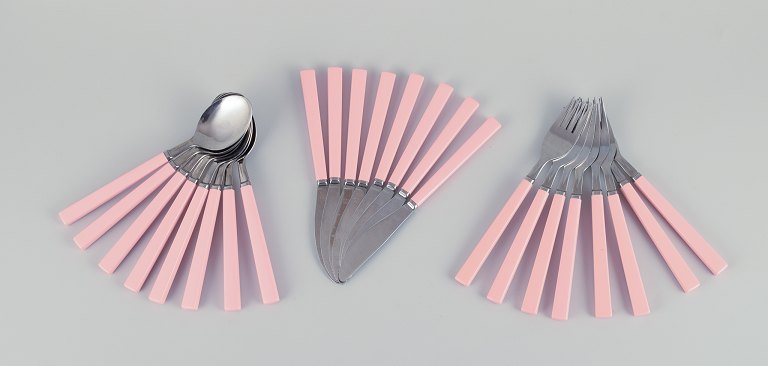 IKEA "Fiesta," eight-person retro dinner cutlery set in stainless steel and light pink plastic.