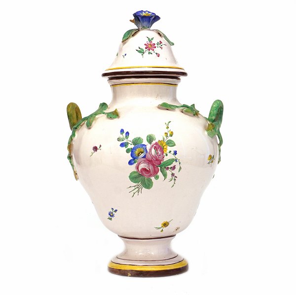 Polychrom decorated lidded faience vase. Marieberg, Sweden, circa 1766-69. H: 40cm