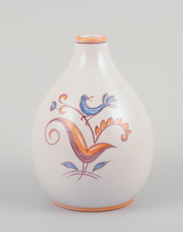 Gertrud Kudielka for Hjort, Bornholm.Unique ceramic vase. Motif of bird on branch.