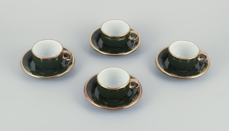 Pillivuyt, France. Four pairs of coffee cups with matching saucers.“Green Bistro” porcelain.