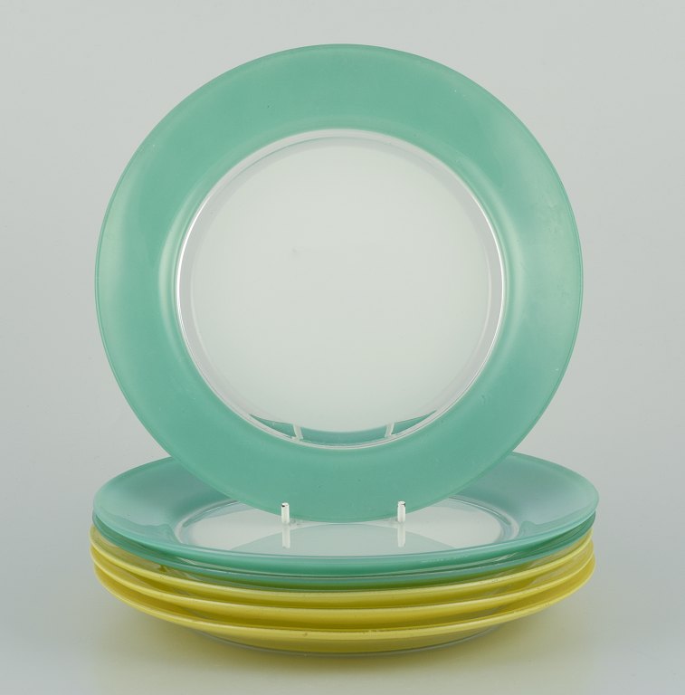 Duralex, France.A set of six art glass plates in yellow, green and white glass.