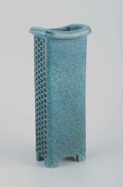 Wilhelm Kåge for Gustavsberg, Sweden.Tall square Art Deco ceramic vase.