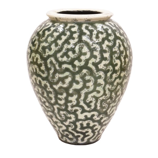 Large Per Weiss, Denmark, stoneware glazed vase with organic patterns. Signed. 
H: 55cm. D: 40cm