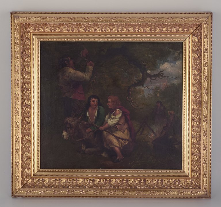 George Morland (1763-1804), well listed British artist, oil on canvas.
A flock of paupers making a bonfire in the woods.