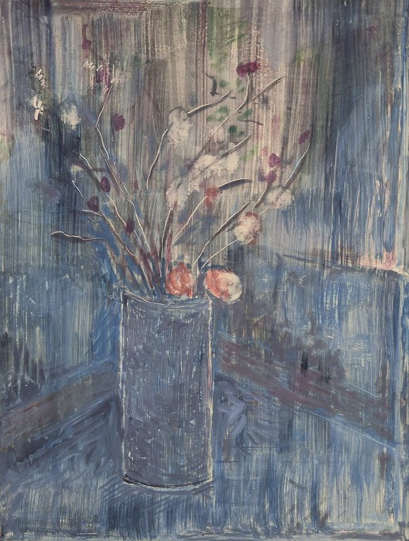 Lars Byström (1940-2006), Swedish artist. 
Tempera on board.
Flowers in vase.