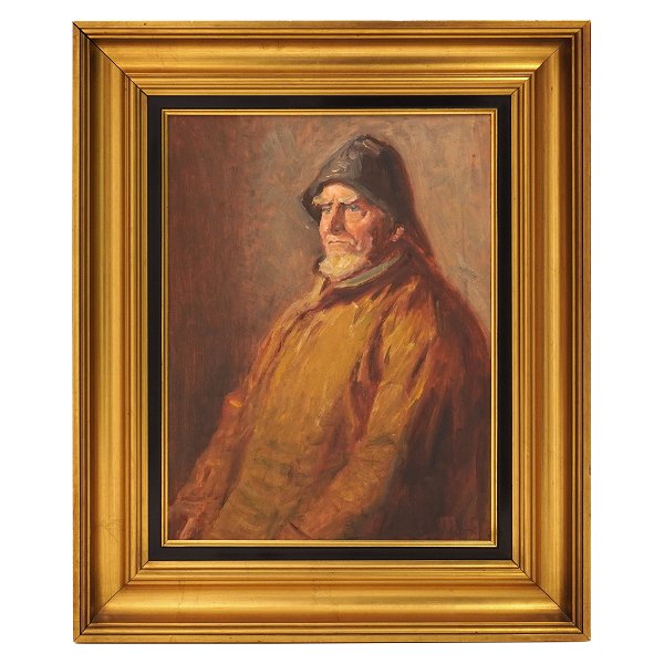 Michael Ancher fiskeportræt. Michael Ancher, 1949-1927, olie på træ. Signeret 
"MA". Bagside betegnet "Jens Bagh Madsen 1920". Lysmål: 29x39cm. Med ramme: 
36x46cm
