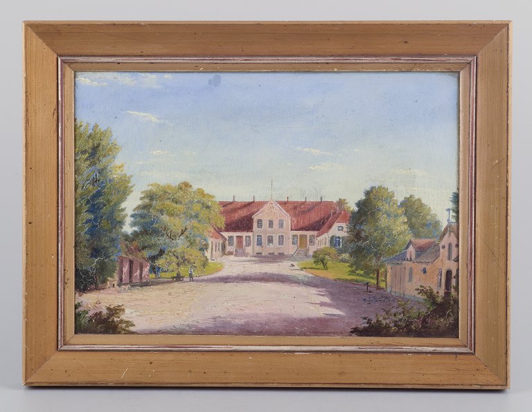 Ubekendt britisk maler. Olie på malerplade.
Eksteriør, motiv af gods.