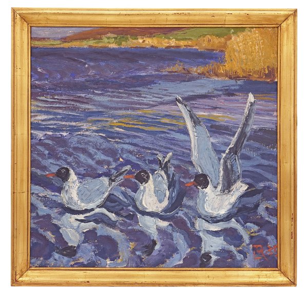 Leif Rydeng fugle maleri. Leif Rydeng, 1913-75, olie på lærred. Signeret og 
dateret 1935. Lysmål: 62x62cm. Med ramme: 72x72cm