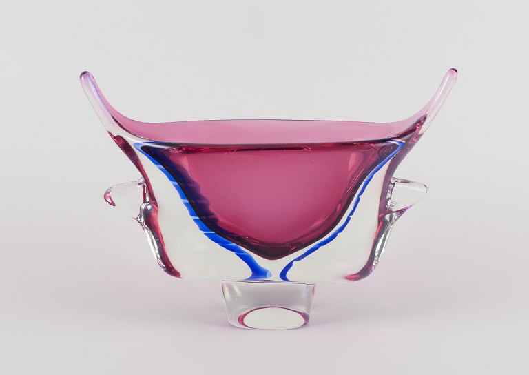 Murano, Italy. Decorative "Sommerso" glass vase with handles.
In violet, clear, and blue art glass.