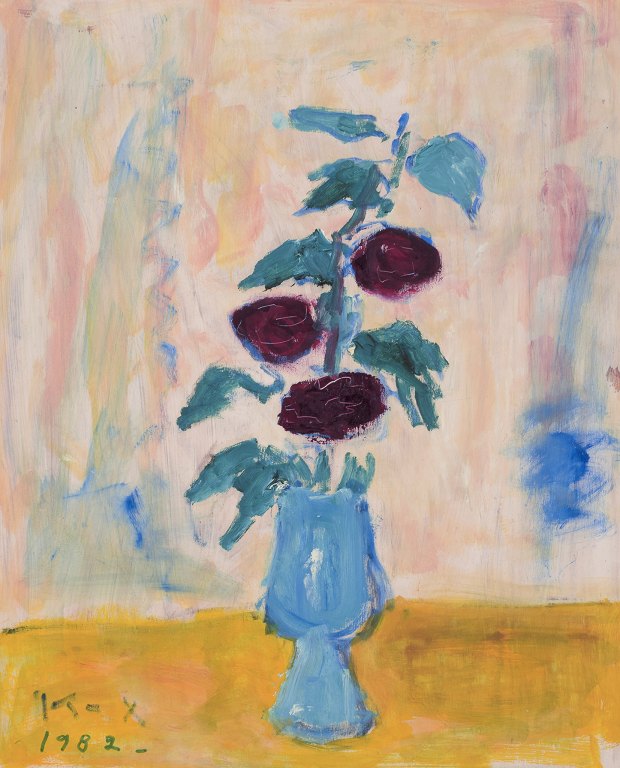 Karin Blix (1890–1989), svensk kunstner.Olie på træplade.Motiv af blomster i vase.