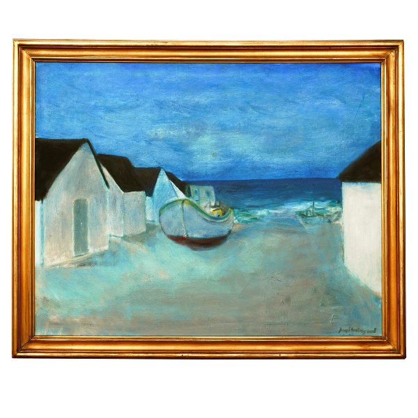 Jens Søndergaard, 1895-1957, olie på lærred. Både på strand. Signeret Jens 
Søndergaard. Lysmål: 78x99cm. Med ramme: 92x112cm