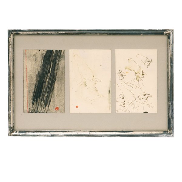 Preben Hornung, 1919-89, three signed post cards, mixed media. Visible size: 
3x15x9cm. With frame: 25x38cm